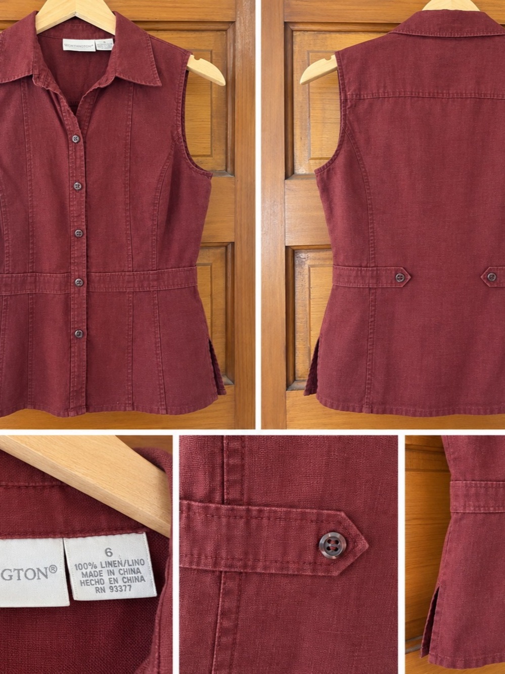 Worthington 100% Linen Sleeveless Button Front Top Burgundy Size 6
